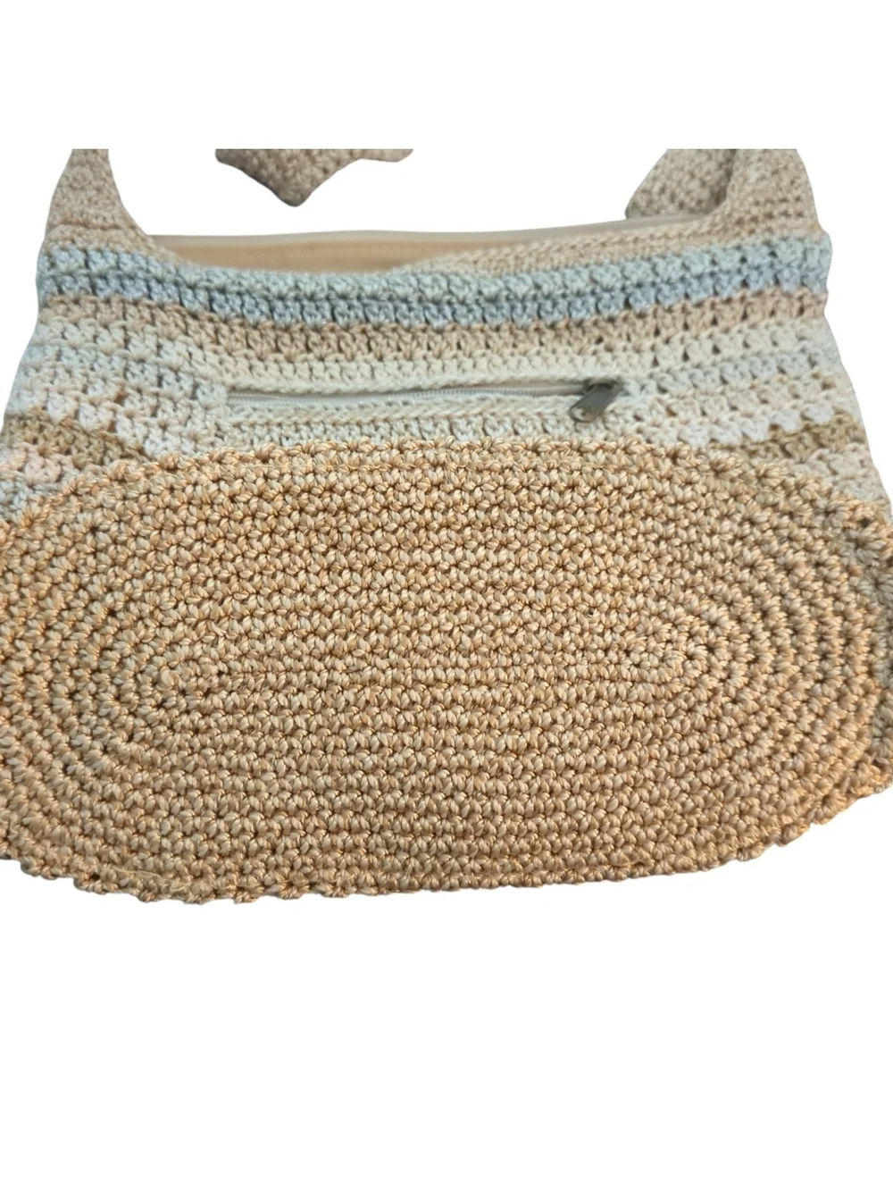 The Sak Crochet Hobo Shoulder Bag Neutral Stripe Boho Slouch Large Zip Neutral